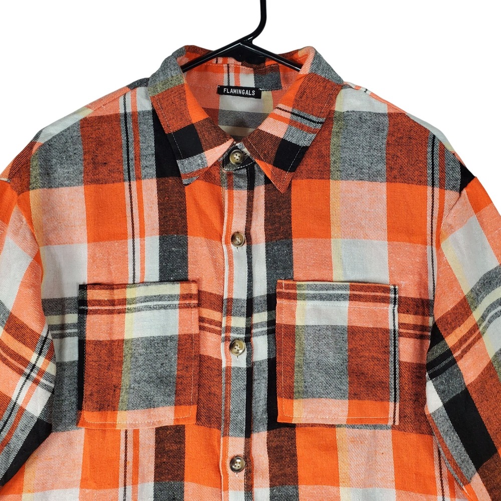 Flamingals Womens Orange Plaid Button Down Shirt Size M Long Sleeve Flannel